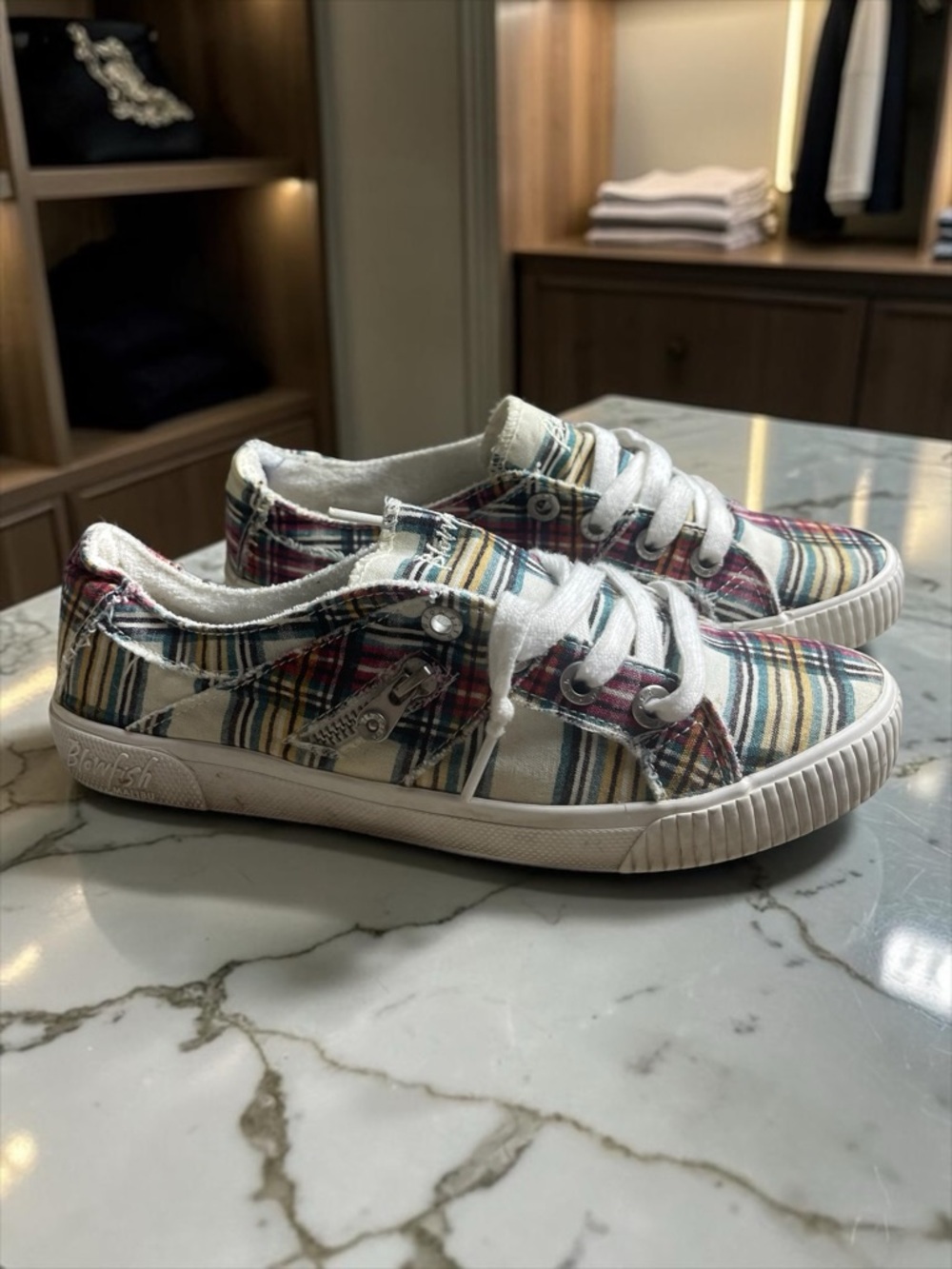 Blowfish Plaid Low-Top Sneakers in White, Red, Blue, Yellow